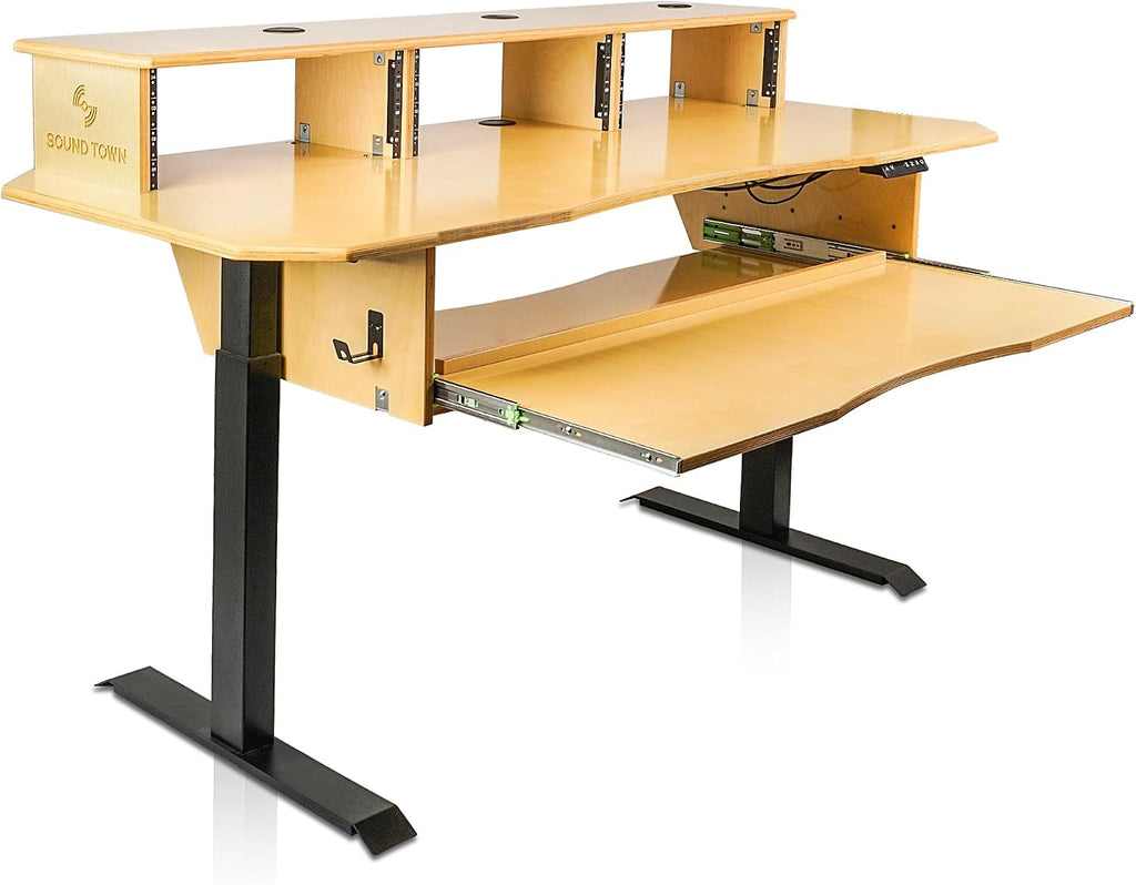 Sound Town DIY Music Studio Desk Workstation Furniture, Electric Height Adjustable, 3x4U Rack Space & Top Shelf, Sliding Piano Keyboard Tray, All Plywood, Golden Oak, (SDRK-SD1)