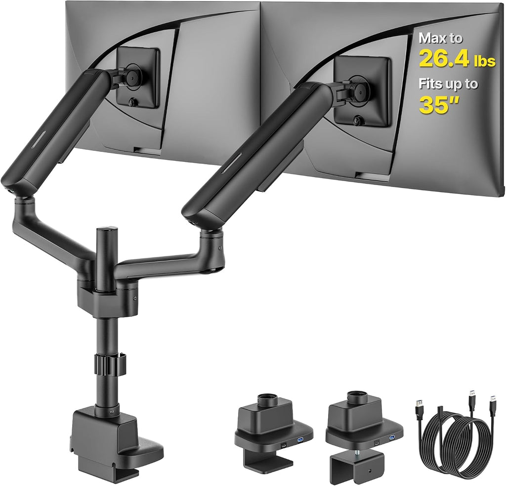 monTEK Dual Tall Monitor Arm with USB, Mechanical Spring Monitor Arm for 17-35' Screens, Adjustable Monitors Desk Mount Each Holds up to 24.2 lbs with C Clamp/Grommet, VESA 75/100mm