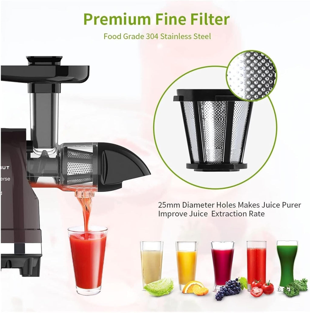 Slow Juicer for Citrus & Wheatgrass, Horizontal Electric Cold Press Juicer, 250W, Low Noise, High Juice Yield, Easy Clean