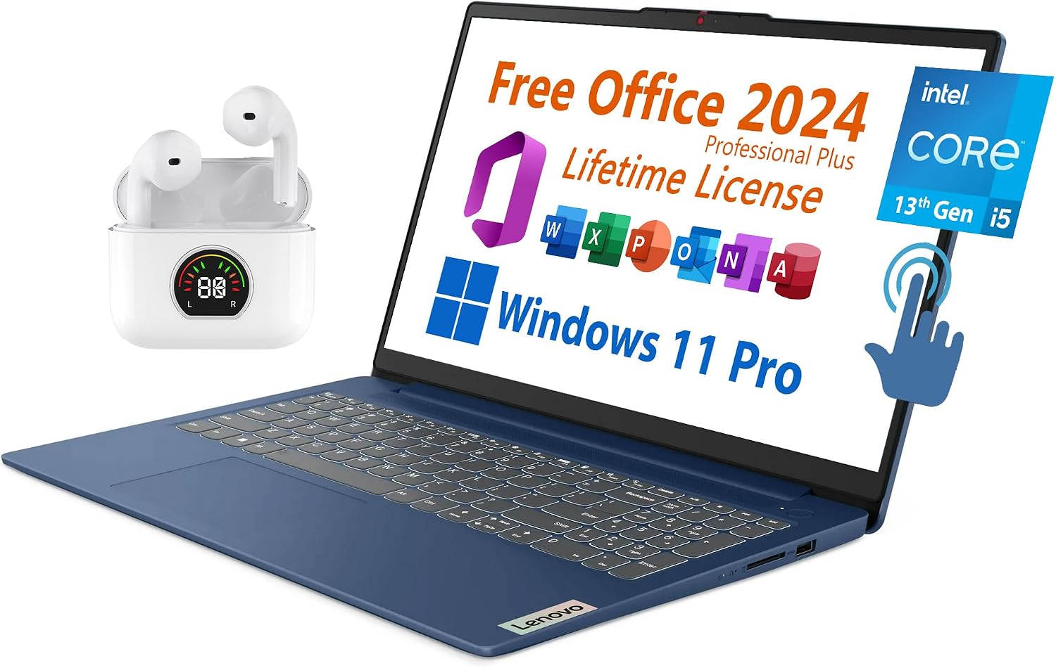 Lenovo 15.6' Laptop, Free Microsoft Office 2024 with Lifetime License, FHD Touchscreen, Intel 10-Core i5-1335U 4.6 GHz, 16GB RAM, 1TB SSD, WiFi 6, 7 hrs Battery Life, Windows 11 Pro, Toree Earbuds