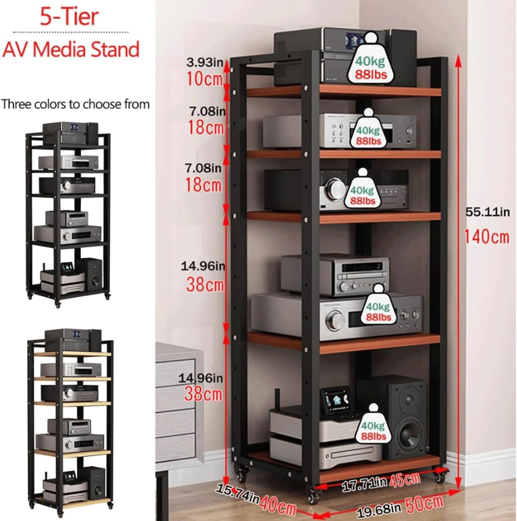 Audio Rack Movable Stereo Rack Adjustable Audio Equipment Rack Audio Open AV Stand Wooden with Wheels HiFi Rack Audio-Video Shelving(Nero,5 Tier)