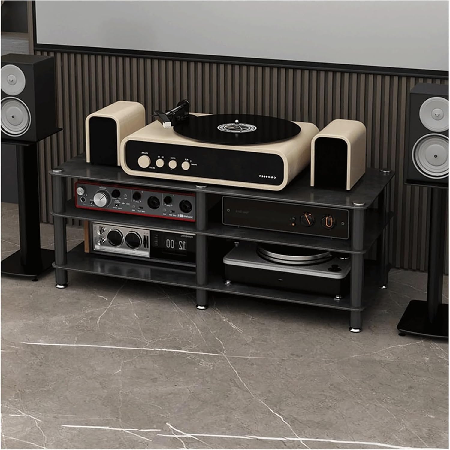 Audio Rack Stereo Rack Audio Equipment Rack Audio Open Rack Cabinet HiFi Rack Audio-Video Shelving with Stone Plate and Carbon Steel(Nero,3 Tier)