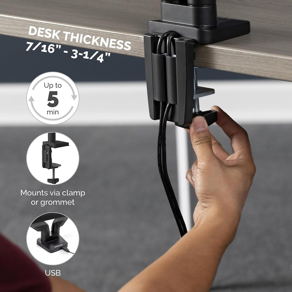 Fellowes Platinum Series Dual Monitor Arm for 40-Inch Monitors, Full Motion, 360° Rotation, VESA Mount with Grommet or Clamp, USB Ports, Ergonomic, Black, 8042501