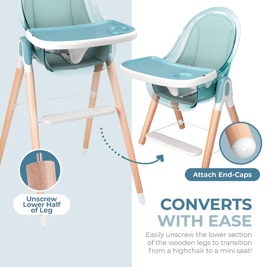 6 in 1 Deluxe Wooden High Chair for Babies & Toddlers, Modern Safe & Compact Baby Highchair, Easy to Clean & Assemble Removable Tray & Cushion, 6 Options 3 Seat Positions 2 Heights