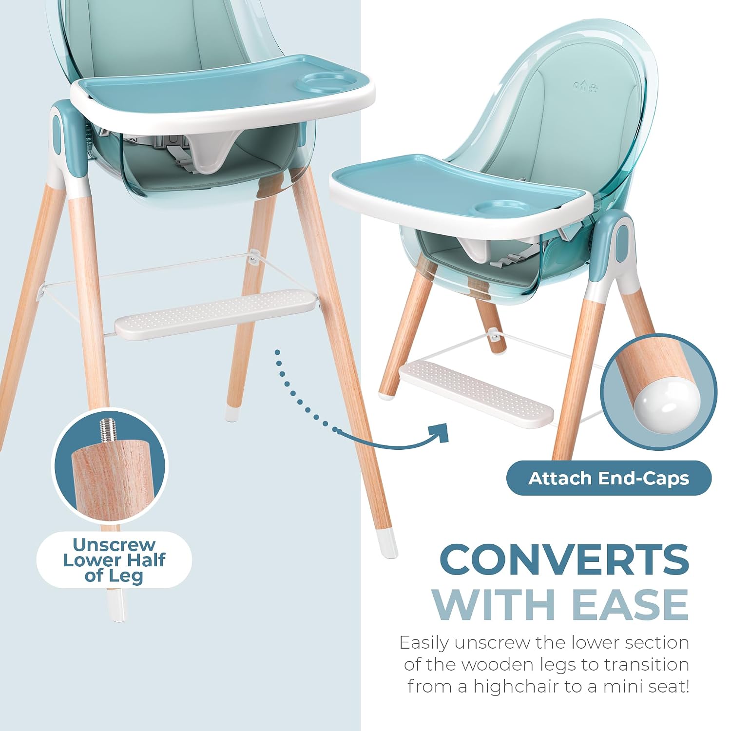 6 in 1 Deluxe Wooden High Chair for Babies & Toddlers, Modern Safe & Compact Baby Highchair, Easy to Clean & Assemble Removable Tray & Cushion, 6 Options 3 Seat Positions 2 Heights