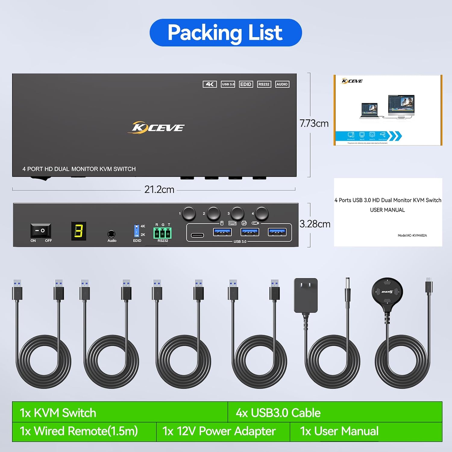 KVM Switch 2 Monitors for 1 Laptop and 1 Desktop 4K@60Hz, USB C HDMI Dual Monitor KVM Switch,Docking Station KVM Switches with 4 USB 3.0 Port, 80W PD Charging, Wired Remote and USB-C Cable Included
