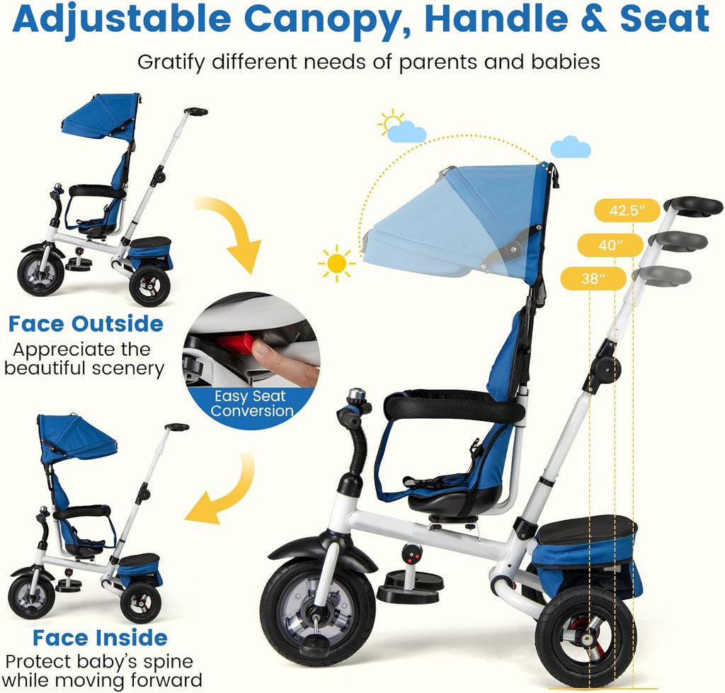 HONEY JOY Tricycle, 5-in-1 Folding Baby Trike Stroller w/Adjustable Handle & Canopy, Reversible Seat, Safety Belt, Folding Pedal, Bell, Storage, Push Tricycle for Toddlers 1-5 Years Old (Blue)
