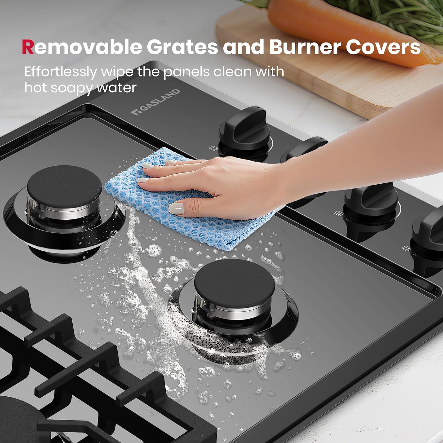 GASLAND Gas Cooktop 30 Inch Black, 4 Sabaf Sealed Burner Gas Stovetop, 4 ft Cord Plug, Cast Iron Grates with Metal Knobs, 28,300 BTU NG/LPG Convertible, Thermocouple Protection, CSA Certified