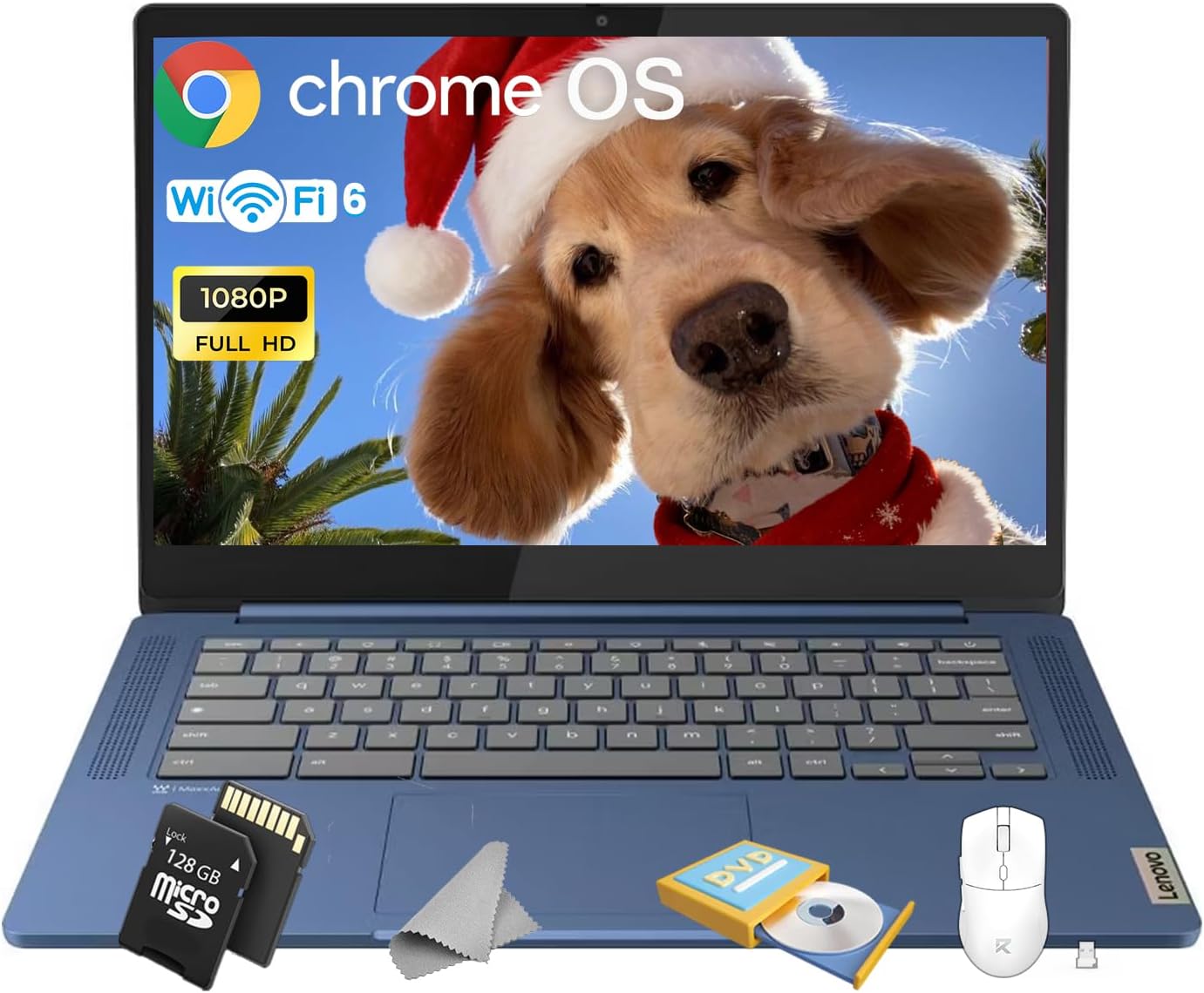 Lenovo IdeaPad Slim 3 Chromebook • 14'' FHD 250nits Display • MediaTek Kompanio 520 CPU (8-Core) • 4GB LPDDR4X • 64GB eMMC & 128GB Micro SD Card • Wi-Fi 6 • Chrome OS • Accessories