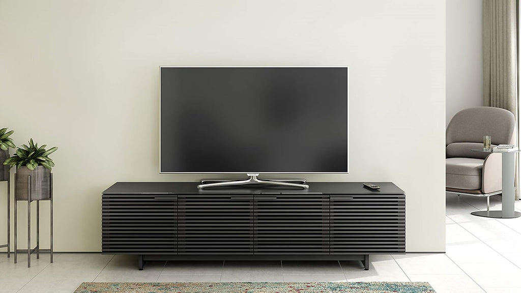 BDI Furniture Corridor 8173-79.25'' TV Stand for TVs up to 85' with Soundbar Shelf, Adjustable Shelves, Cable Management, Ventilation, Tempered Glass Top, Charcoal Stained Ash