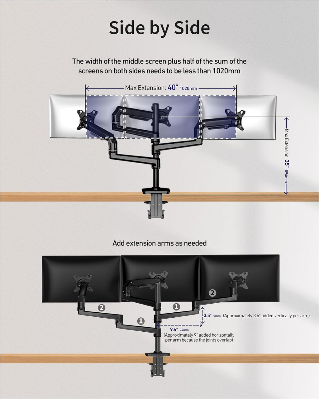 Ergounion Heavy Duty Triple Monitor Mount, Mechanical Spring 3 Monitor Arm Fits Three 13-40 Inch Screens (25 lbs/Arm), Fully Articulating VESA Desk Stand (C-Clamp/Grommet), Premium Aluminum, Black