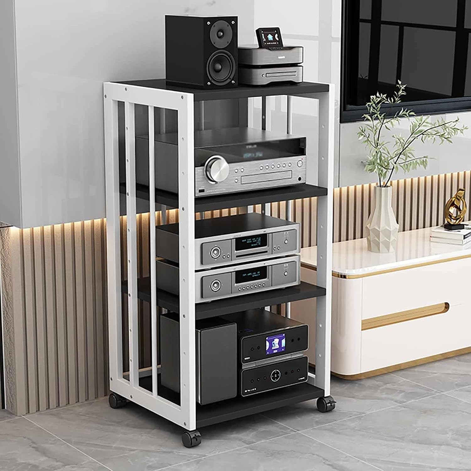 4-Tier AV Media Stand Component Cabinet Rack Audio Tower with Adjustable Shelves,Movable Media Storage Cabinet,Audio Rack Tower AV Equipment Cabinet(BlackA)