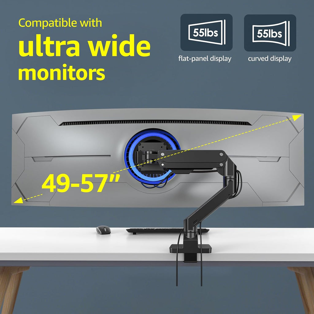 BEWISER Heavy Duty Monitor Arm for 34-49 inch and 57 inches Screen Aluminum Single Gas Spring Monitor Arm Mount Suit for Flat/Ultrawide/Cruved Screen Height Adjustable Holds 44lbs Black