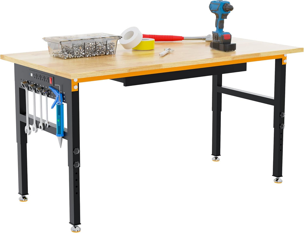 Betterhood 60' Adjustable Height Workbench, 2000 LBS Heavy Duty Work Table with Power Outlets & Pegboard, Rubber Wood Workstation for Garage, Workshop, Office, Home, Commercial