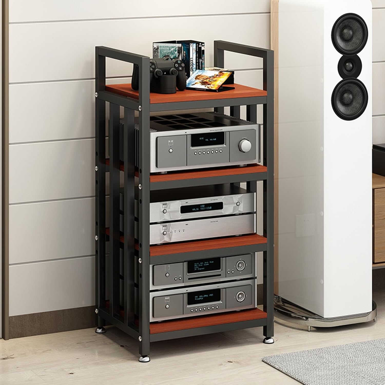 4-Tier DVD CD Player Stand, Wooden AV Media Cabinet, Stereo Rack for Home/Office/Theater, Amplifier & Audio Video Component Storage Solution