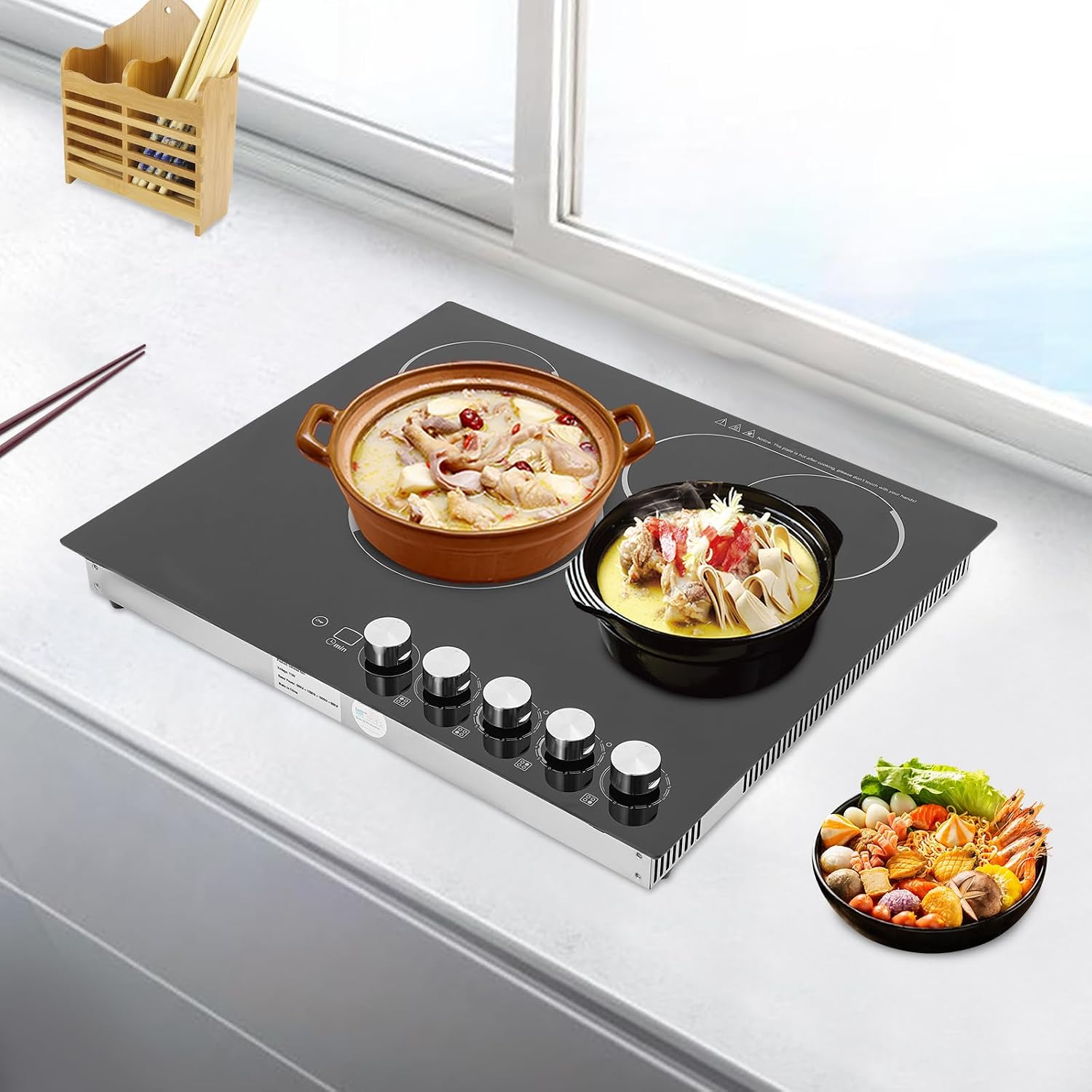 24 Inch Electric Cooktop 4 Burner Stove Top 3400W Drop-in Ceramic Cooktop with 90Min Timer & Knob Control, 5 Power Levels Ceramic Cook Top 110V Electric Stove 4 Burners