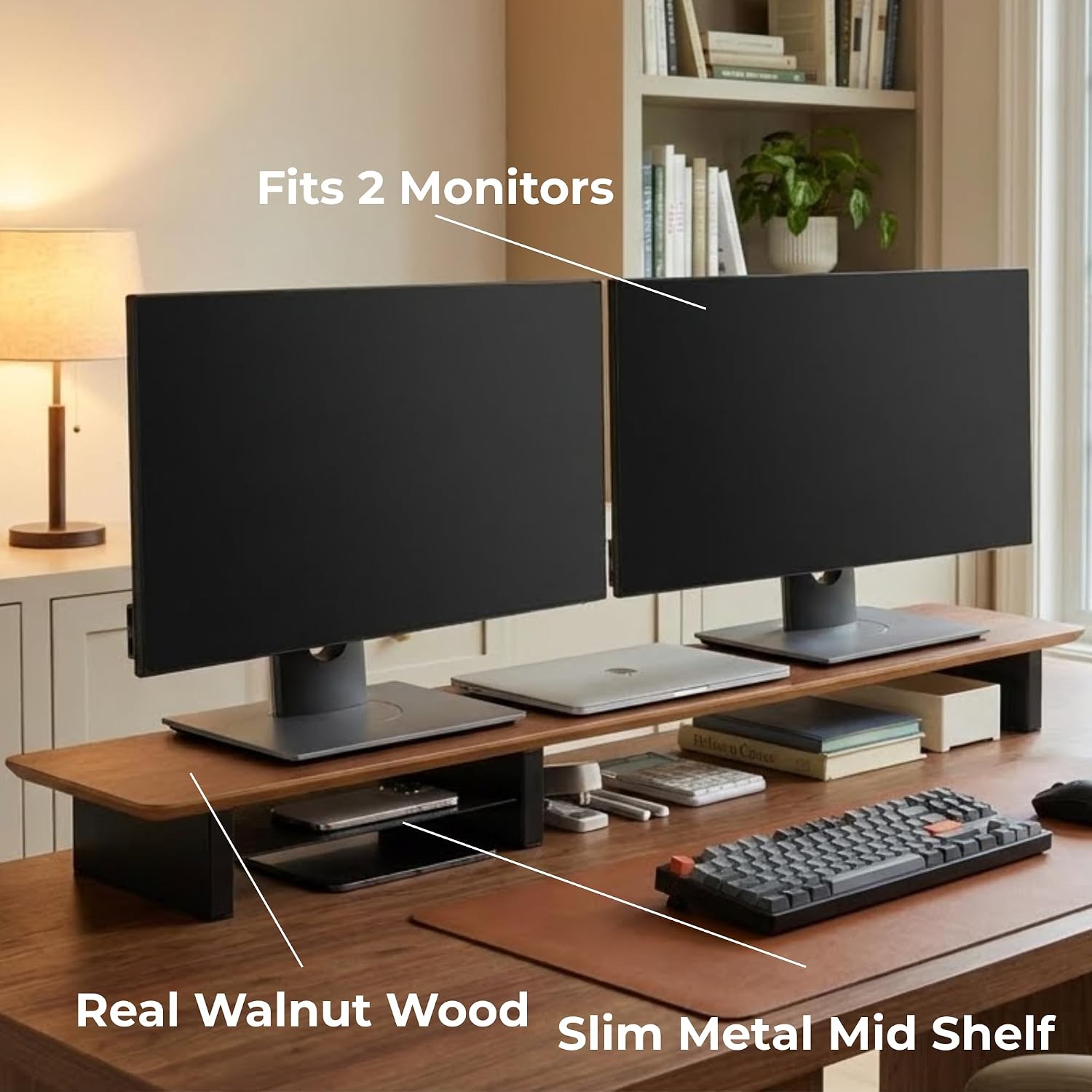 Walnut Monitor Stand for Desk (44 Inch) Large Monitor Stands for 2 Monitors, Desk Shelf for Top of Desk Walnut Monitor Shelf