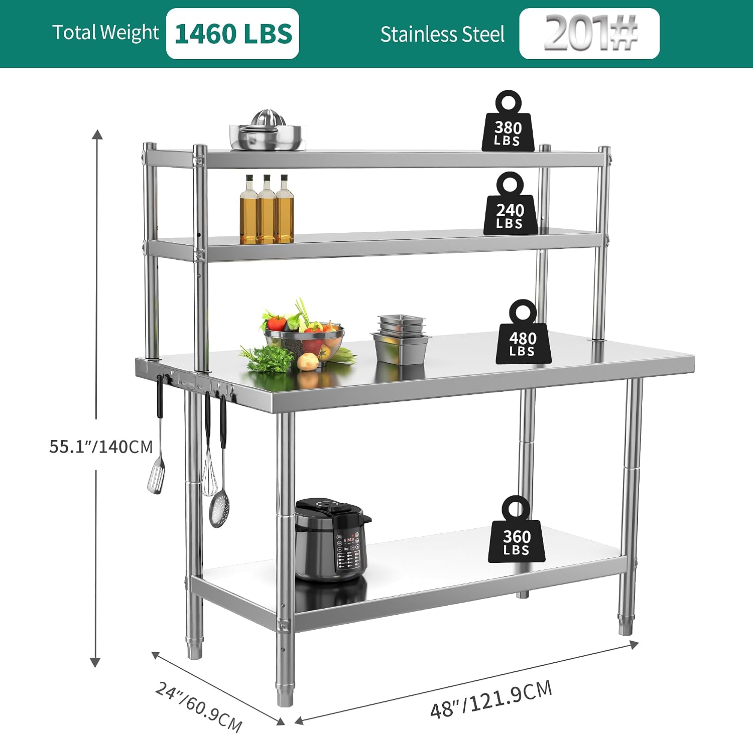 YITAHOME NSF Stainless Steel Table with Overshelves, 48' X 24' Work Table with 48' X 12' Shelf, Metal Table Prep Table for Home Kitchen Restaurant Garage Warehouse