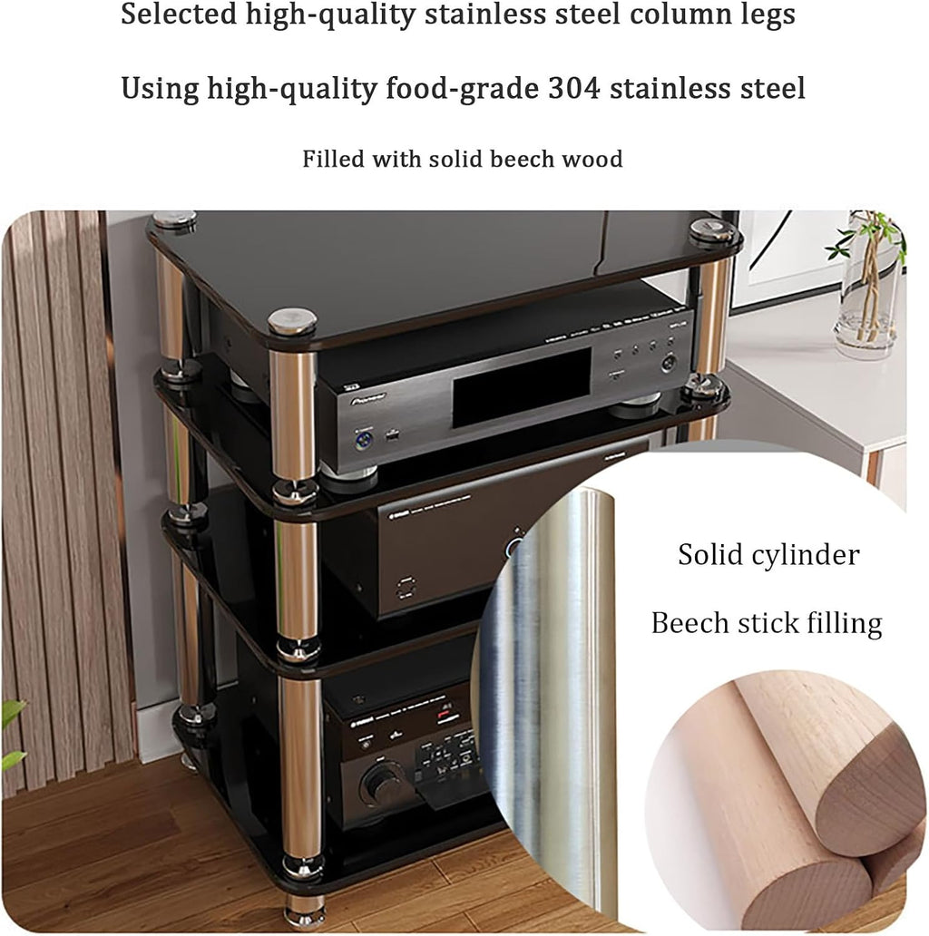 Modern AV Media Rack, 4-Tier Audio Stand with Tempered Glass, Shock-Absorbing Nails, Stainless Steel Legs, Stylish Stereo Cabinet for Home Entertainment (White, 60x40x76cm)