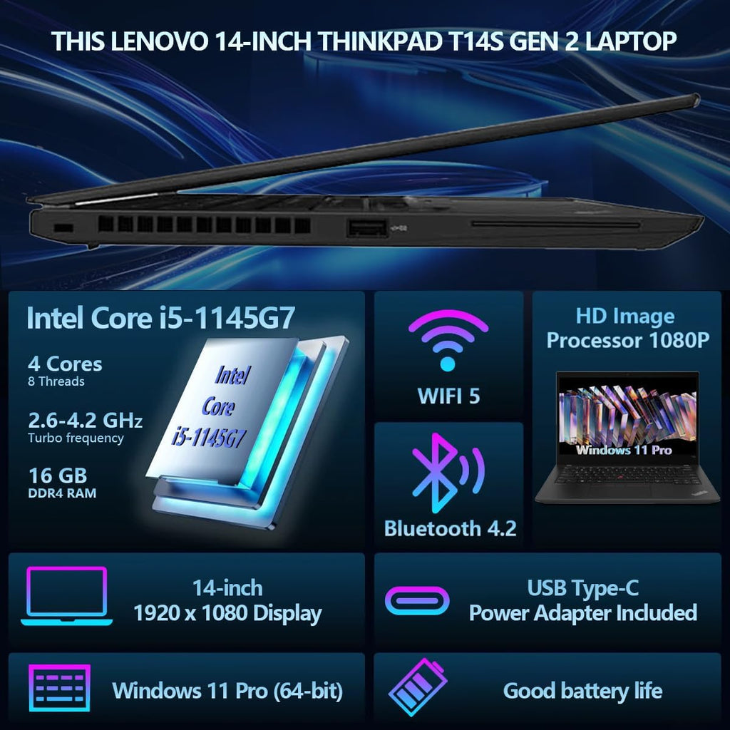 Lenovo Thinkpad T14S (G2) Business Laptop, 14' FHD (1920 x 1080) Display, Core i5-1145G7 4.4GHz, 512GB SSD, 16GB RAM, Webcam, Windows 11 (Renewed)