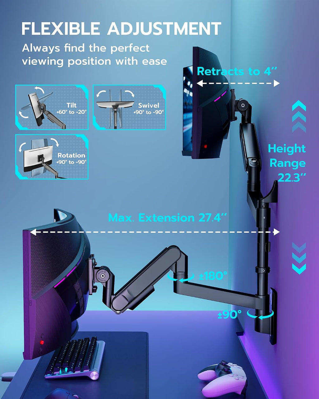ARES WING Dual Monitor Wall Mount for 24-57 Inch Ultrawide Screens, Premium Heavy Duty Monitor Arm Holds 60 lbs, Full Motion Gas Spring, Bearing Head for Easy Adjustment, 75/100 VESA Mount, Black