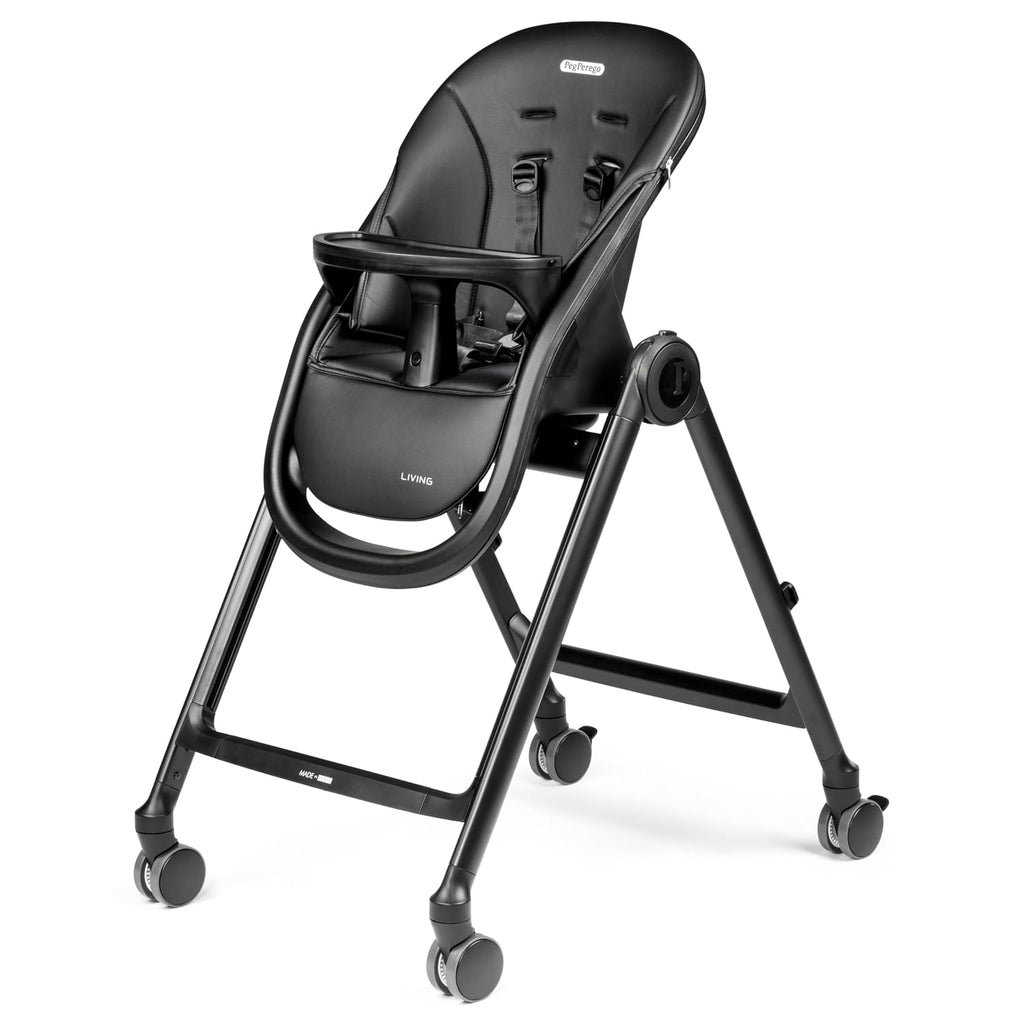 Peg Perego Living, Grow with Baby Folding High Chair & Recliner, Height Adjustable, Quick Clean & Easy Push Wheels for Babies & Toddlers, Made in Italy, True Black