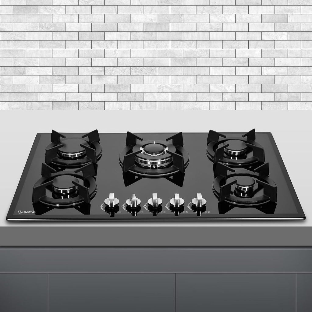 Gas Cooktop 30 Inch, Built-in Tempered Glass Gas Stovetop 5 High Efficiency Burners Gas Stove Top Propane/Natural Gas Convertible Gas Hob (Black)
