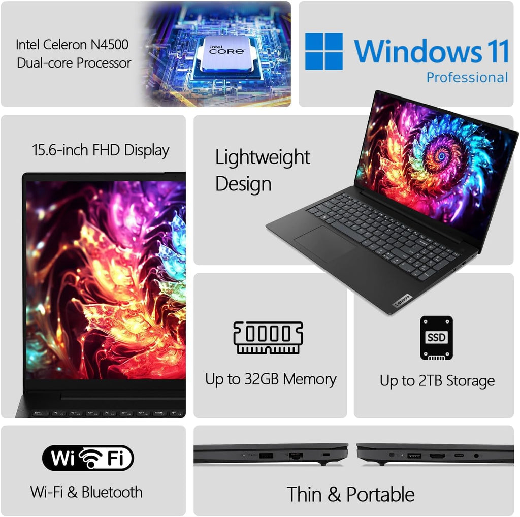Lenovo V15 Business Laptop, 15.6' FHD Display, Intel Dual-Core CPU, 32GB DDR4 RAM, 1TB PCIe SSD, WiFi 6, Bluetooth 5.2, RJ-45, Type-C, HDMI, Numeric Keypad, Black, Windows 11 Pro, Tichang (Renewed)