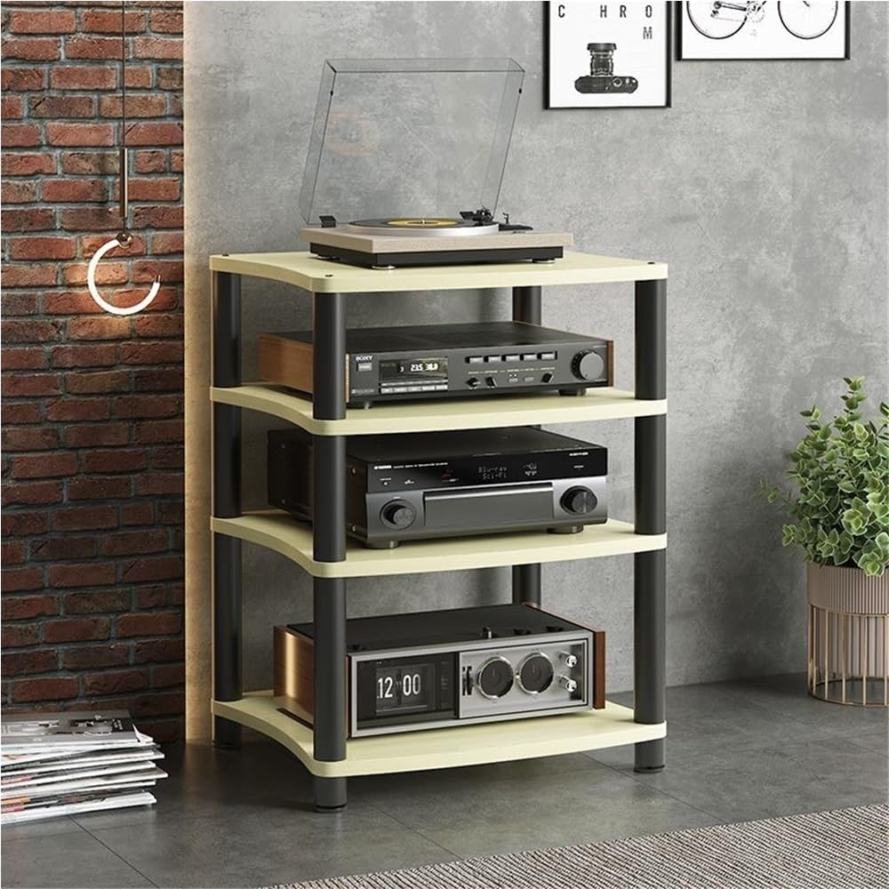 Audio Rack Cabinet with Adjustable Rubber Feet, Stereo Racks and Stands, Open Media Storage Stand for Stereo, AV Equipment, Record Player, DVD, Game Consoles(Beige,X-Large)