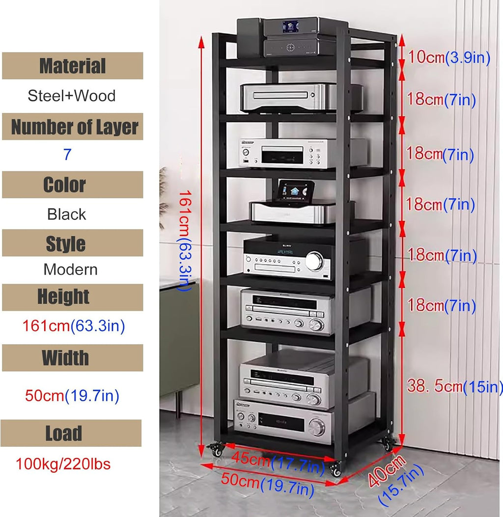 Tall Stereo Racks And Stands on Wheels Media Storage Cabinet Rack, Black Modern Entertainment Stereo Components Stand, Audio Video Equipment Rack（7 tier-50cm wide）