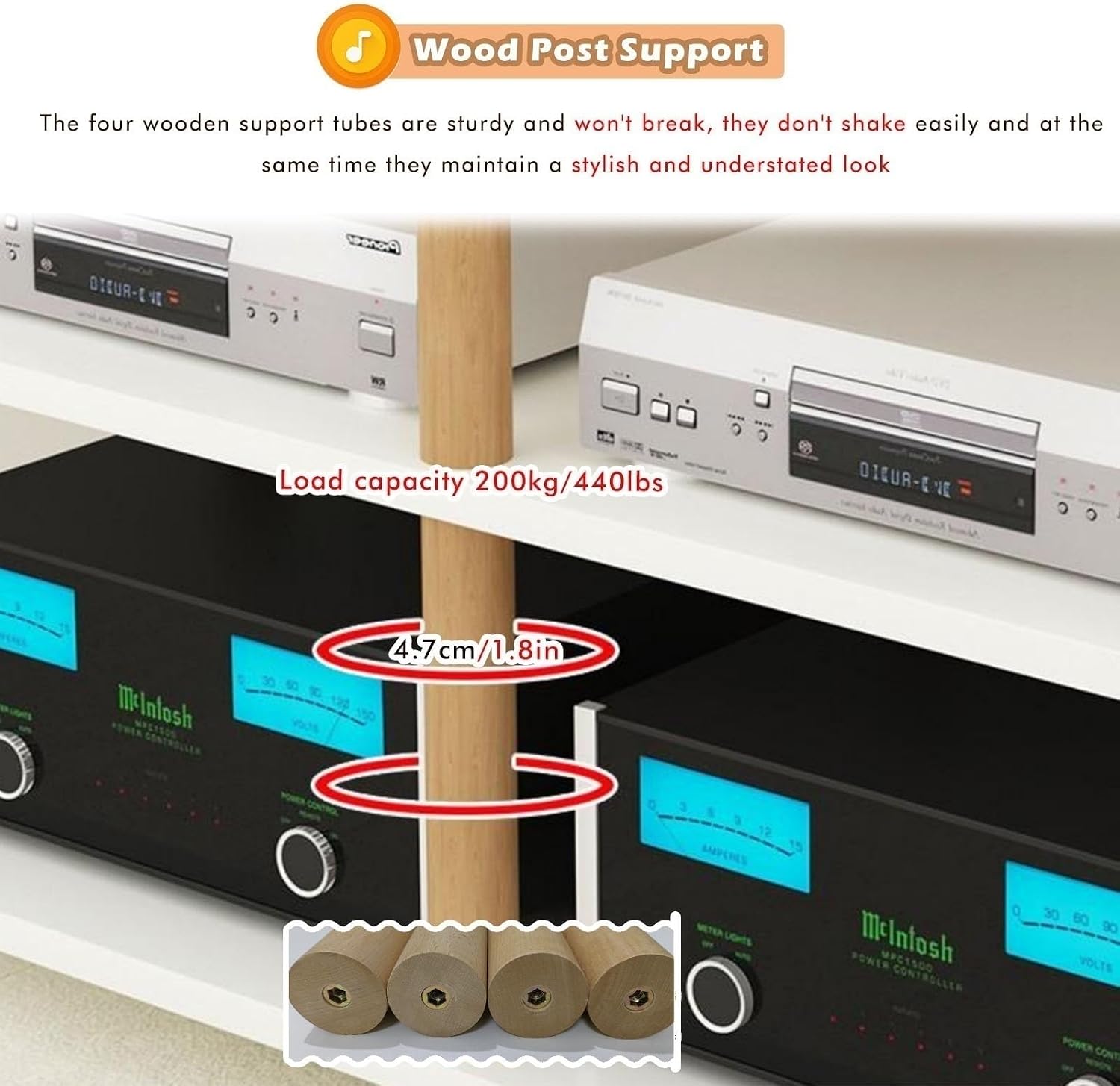 Media Storage Cabinet White, 3/4 Shelf Vertical Audio-Video Shelving with Wood Legs, Stereo Equipment Hoolder for Living Room/Theater Room/Home Cinema(48x60x67cm/18.9x23.6x26.3in)