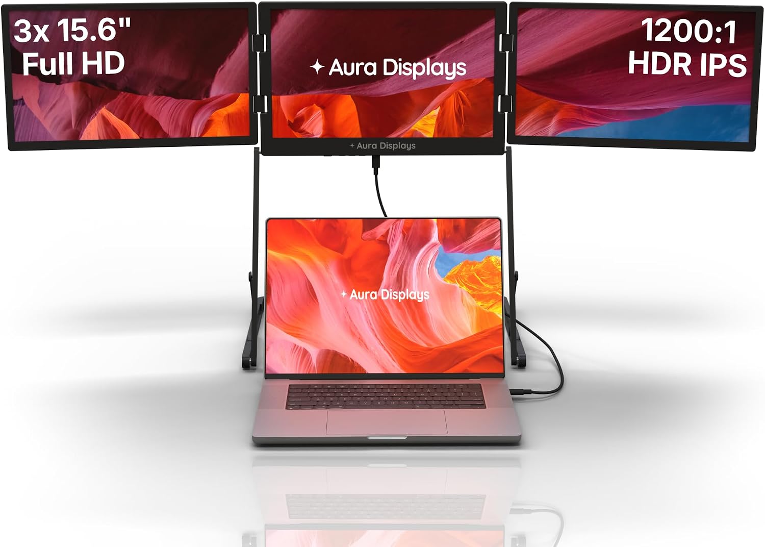 Triple Aero Pro Max 15.6'| Premium Triple Portable Monitor Extender | Full Aluminum | Quad Screens | 3×15.6' FHD 1080P HDR IPS | USB-C & HDMI | Compatible with 11-18' Laptops