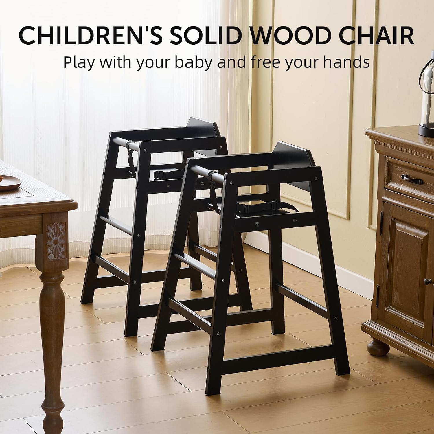 4-Pack Wooden Baby High Chair -Stack-able Solid Wood Feeding Seats, with Commercial Grade Solid Wood for Dining Table & Kitchen - Compact & Portable Design for Restaurant & Home Use（Black）