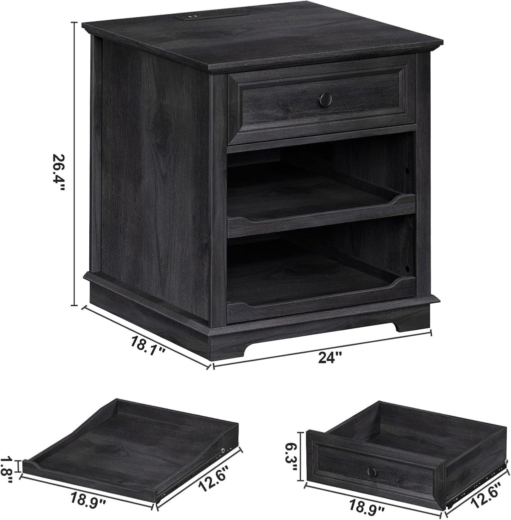 REDAYFUR Lateral File Cabinet 3 Drawer File Cabinet with Charging Station, Printer Stand with Open Adjustable Storage Shelves, Lateral Filing Cabinet for Home Office, Black