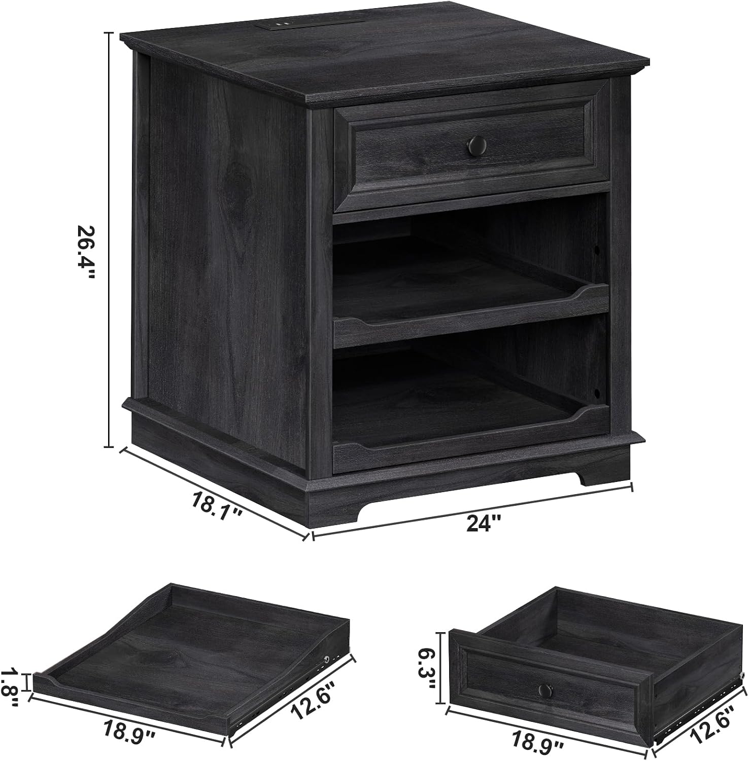 REDAYFUR Lateral File Cabinet 3 Drawer File Cabinet with Charging Station, Printer Stand with Open Adjustable Storage Shelves, Lateral Filing Cabinet for Home Office, Black