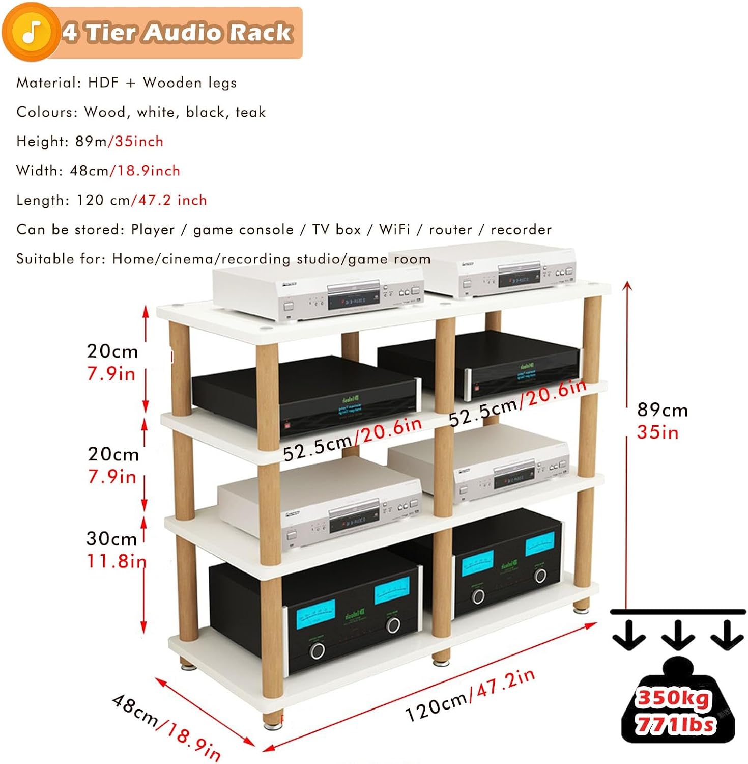 Heavy Duty Double-Wide Amplifier Rack Shelf, 2 3 4 Tier Stereo Stands for HiFi Audio Equipment Dac, Small Entertainment Cabinet - Wood Legs, Corner Entertainment Center(H-89cm/35in)