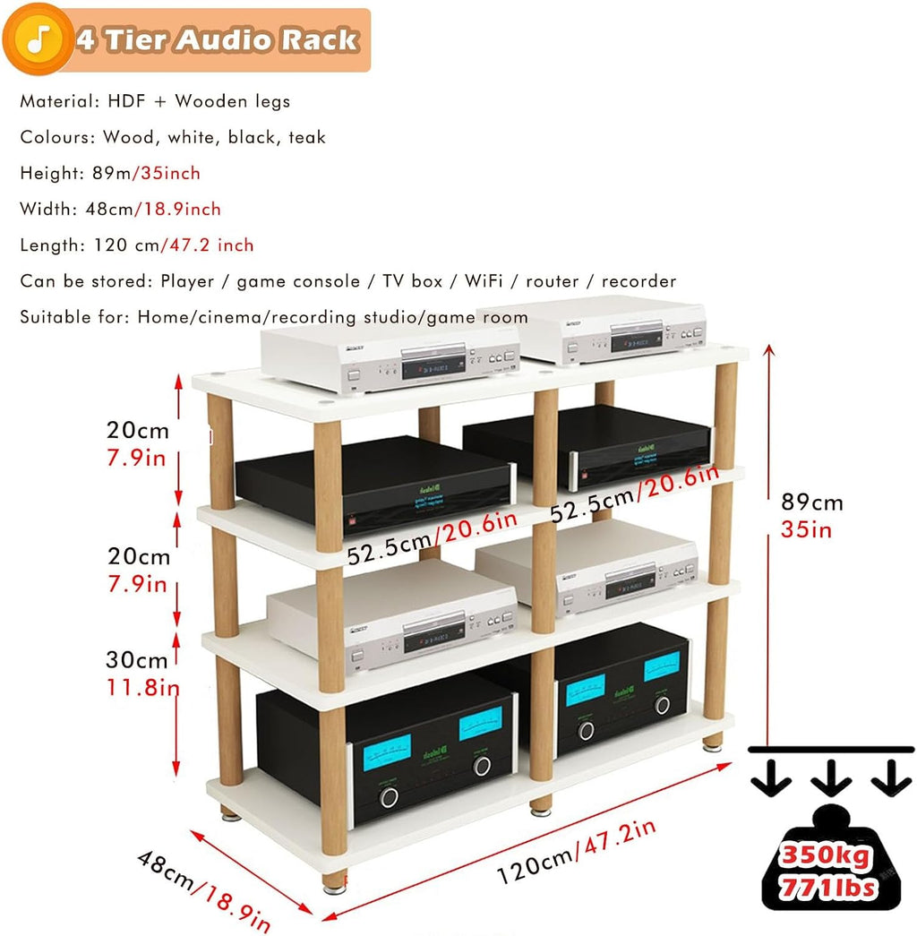 Heavy Duty Double-Wide Amplifier Rack Shelf, 2 3 4 Tier Stereo Stands for HiFi Audio Equipment Dac, Small Entertainment Cabinet - Wood Legs, Corner Entertainment Center(H-89cm/35in)