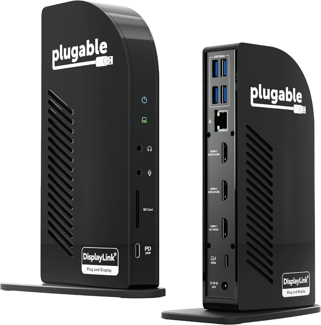 Plugable USB-C Triple Monitor Docking Station: 13-in-1 Laptop Dock with 100W Charging for Mac (DisplayLink Driver Required), Windows, Chrome, 3 HDMI, Gigabit Ethernet, SD, USB-C 20W, 4 USB - UD-ULTCDL