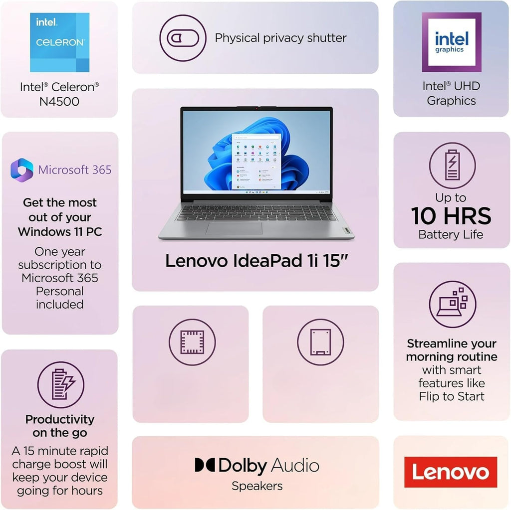 Lenovo 15.6' IdeaPad 1 Laptop | 12GB RAM | Dual Storage: 256GB SSD + 128GB eMMC | Wi-Fi 6 | USB-C | 1-Year Microsoft Office 365 | Intel Dual-Core | HD Display | Windows 11 | w/WOWPC Recovery USB