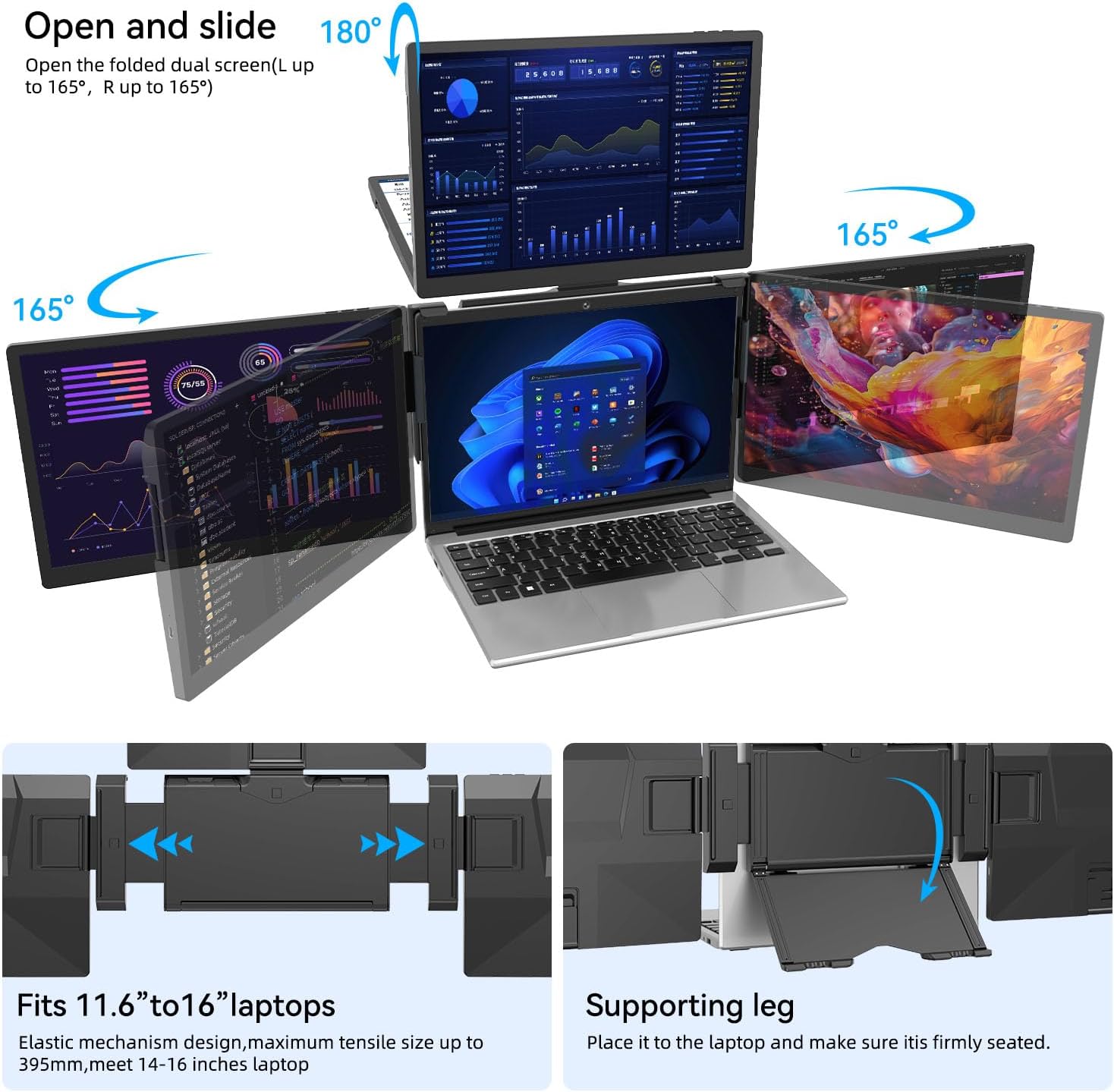 ADREAMER 13.3' Triple Screen Laptop Monitor Extender, Detachable 3 Monitor for 11.6'-16', FHD 1200P IPS, Multi Screen Laptop Attachment, Compatible with Wins/MacOS(M1/M2/M3).