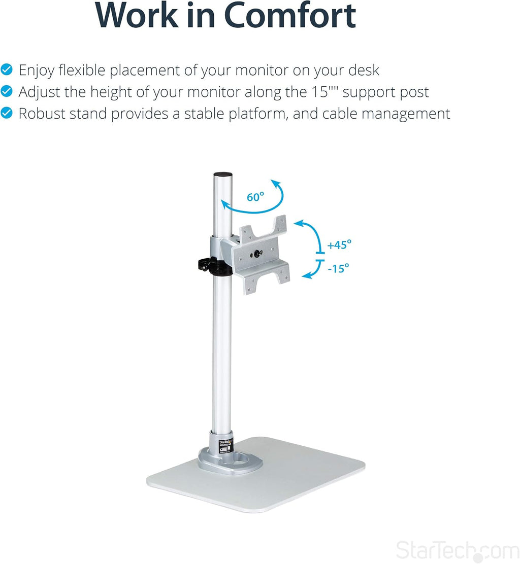 StarTech.com Single Monitor Stand, Adjustable, Supports UHD, iMac and Apple Thunderbolt Displays from 12'' to 34' (30.9lb/14kg), Premium Single Screen VESA Monitor Mount Stand, Silver, TAA
