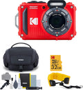 Kodak PIXPRO WPZ2 Rugged Waterproof 16MP Digital Camera with 4X Optical Zoom (Red) with Gadget Bag and Accessory Kit, 32GB UHS-I microSDHC, and Floating Strap Bundle (4 Items)