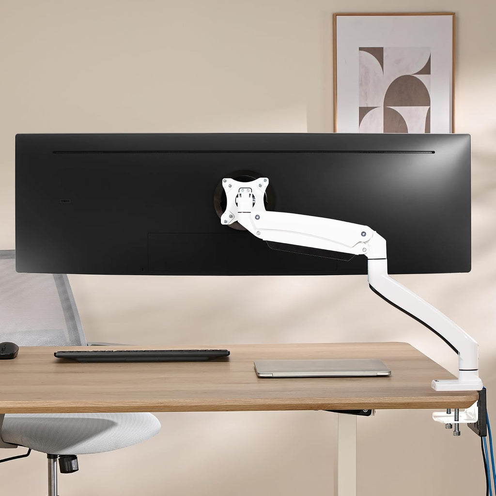 AVLT Single 17'-49' Super Ultrawide Monitor Arm for Screens Up to 50 lbs, Premium Aluminum Desk Stand, Adjustable Pneumatic Height, Full Motion Swivel Tilt Rotation, USB 3.0 & AUX Ports, White