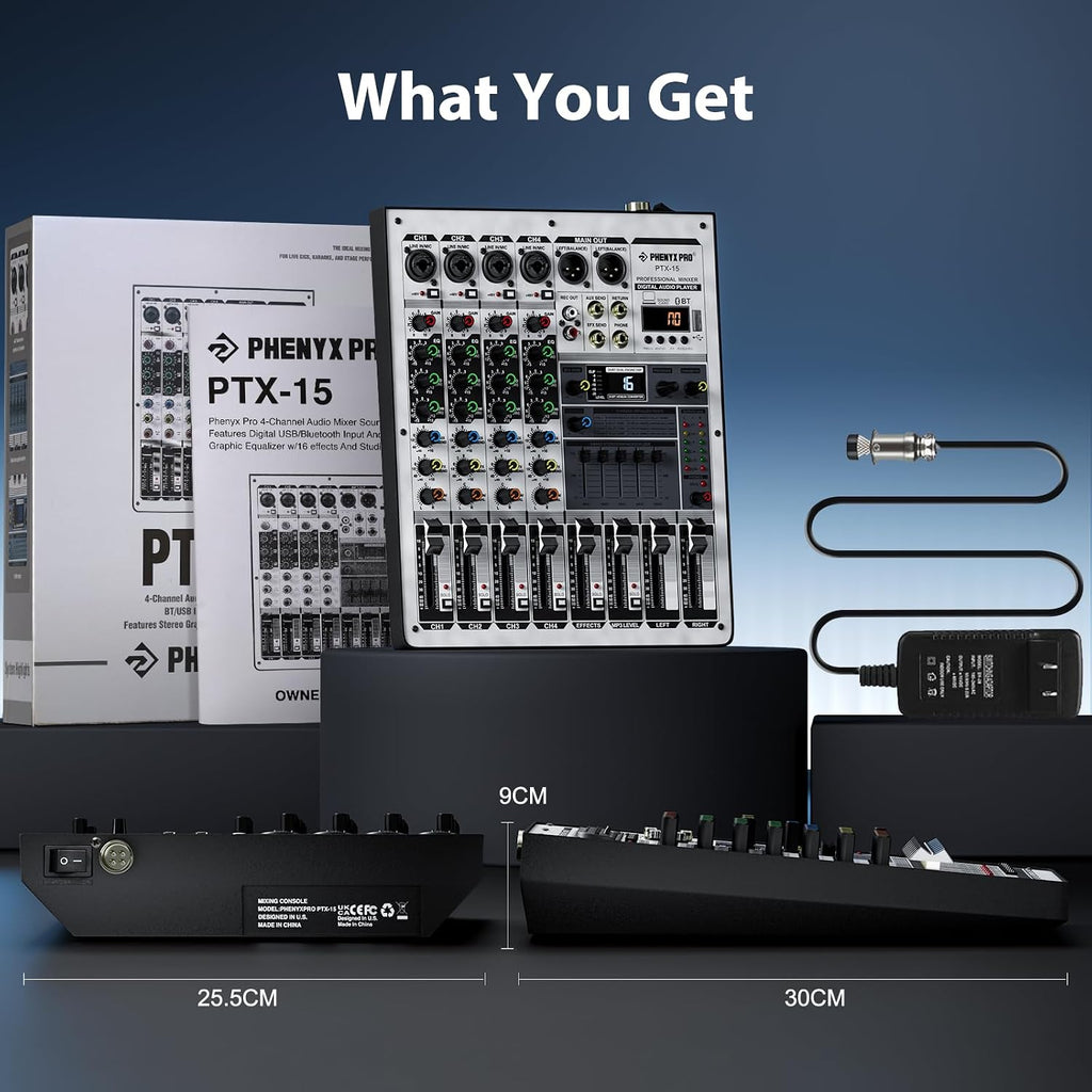 Professional Audio Mixer, Phenyx Pro Sound Console w/USB Audio Interface, 4-Channel Sound board DJ Mixer w/Stereo Equalizer, 16 DSP Effects, suitable for Stage, Live Gigs, and Karaoke (PTX-15)