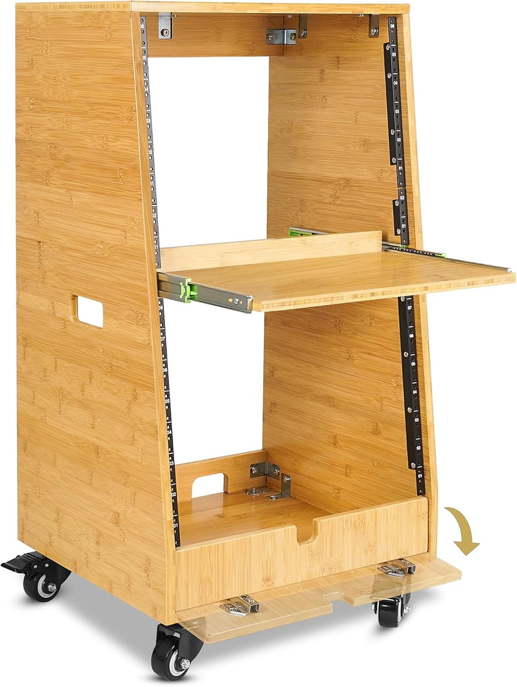 Sound Town DIY Solid Carbonized Bamboo Slanted 16U Studio Rack (8U Top + 8U Lower), with 2U Bottom Storage, Slide-Out Tray, Caster, For Recording Room, Home Studio (STBR-ST16T)