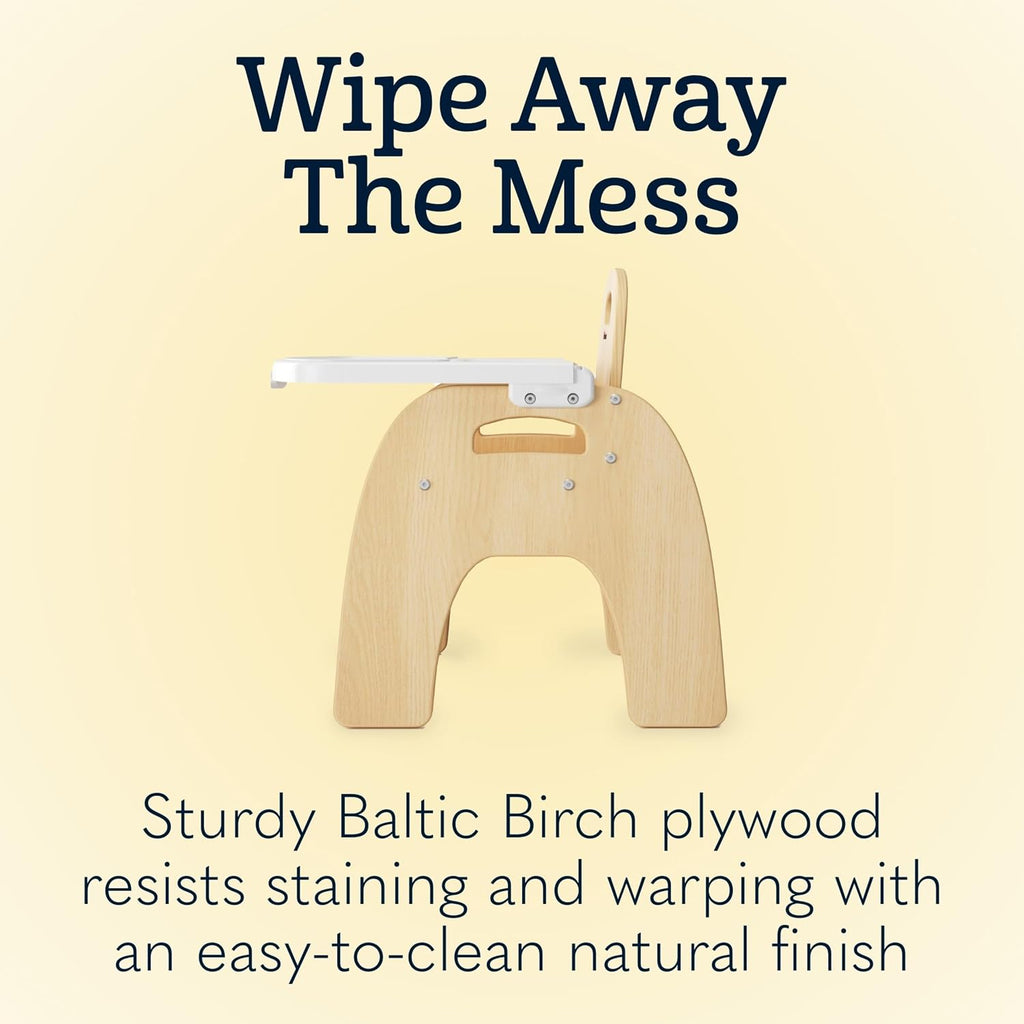 Foundations Easy Serve 7' Wood Feeding Chair for Toddlers, Adjustable Harness, Removable Dishwasher Safe Tray, 'No Tip' Base, Baltic Birch Plywood