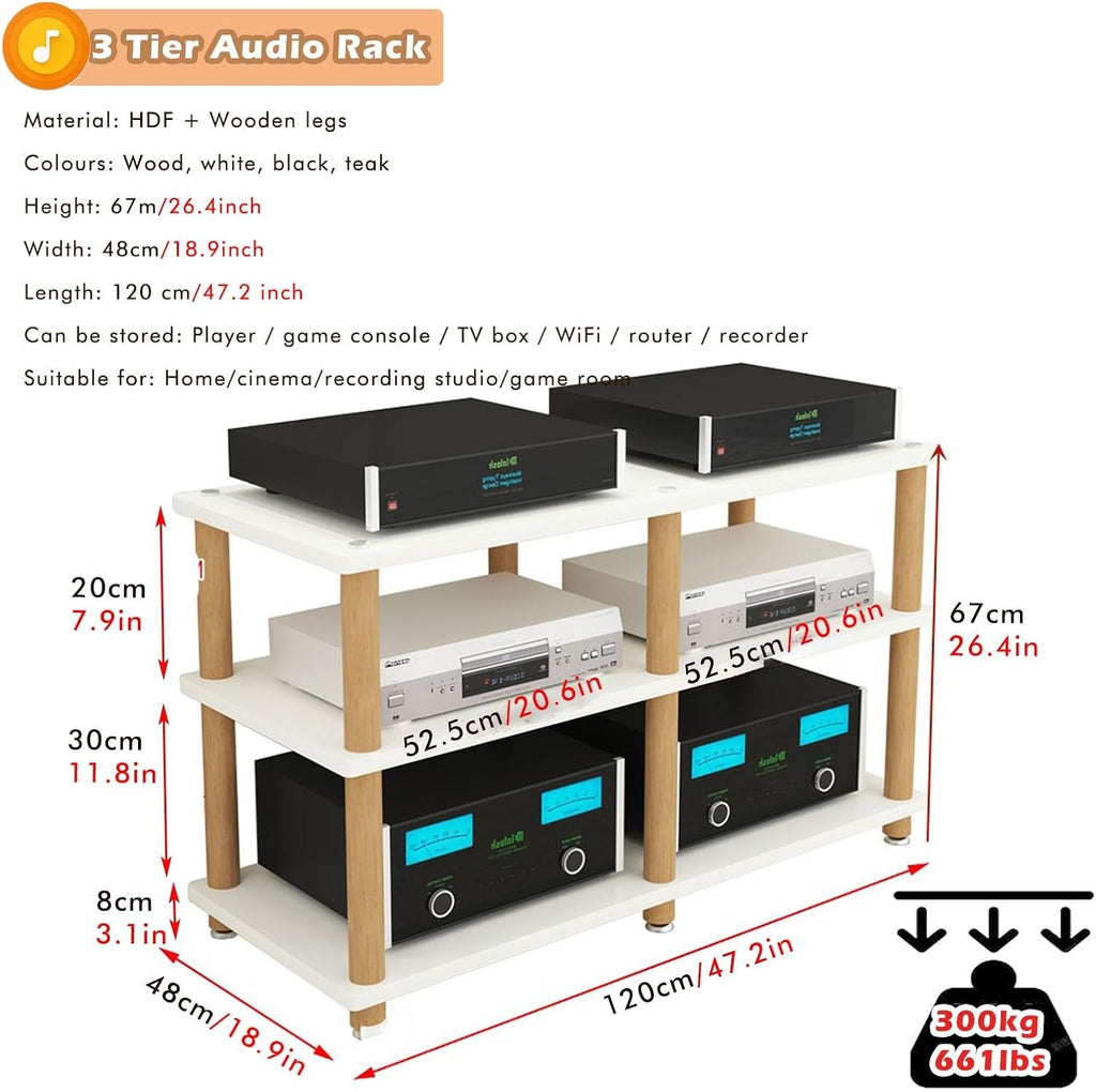 Heavy Duty Double-Wide Amplifier Rack Shelf, 2 3 4 Tier Stereo Stands for HiFi Audio Equipment Dac, Small Entertainment Cabinet - Wood Legs, Corner Entertainment Center(H-67cm/26.4in)