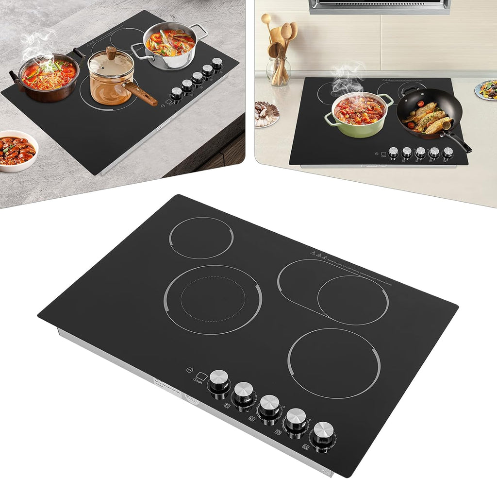30 Inch Electric Cooktop Built-in Electric Cooktop 4 Burner Stove Top 3700W Electric Ceramic Cooktop with 90Min Timer Ceramic Cook Top 110V Electric Stove 4 Burners with Knob Control, 5 Power Levels
