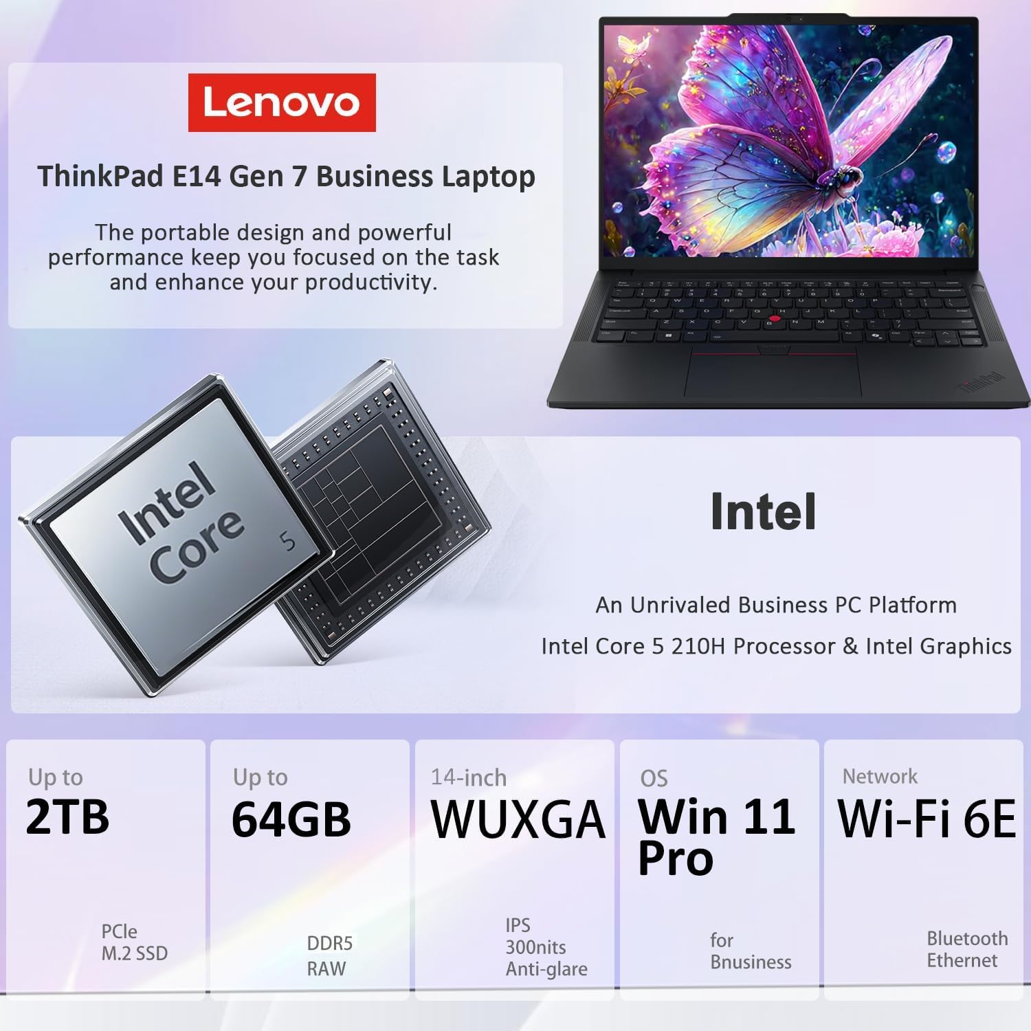 Lenovo ThinkPad E14 Gen 7 Business Laptop, 14' FHD+, Intel Core 5 210H (> i7-1355U), FP, IR Webcam, Backlit KB, Thunderbolt 4, IST Computer Customized 16GB/32GB/64GB RAM, 512GB/1TB/2TB SSD, Win 11 Pro
