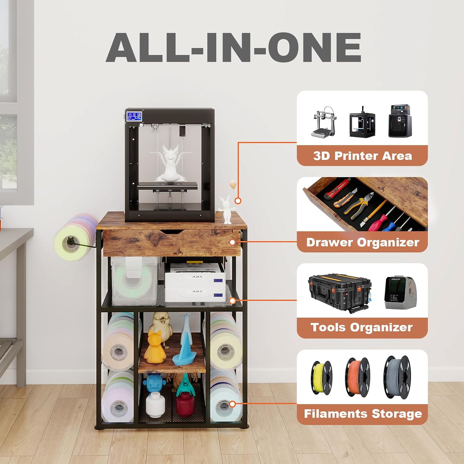 PUNCIA 25.6″ × 21.7″ Platform 3D Printer Stand with Filament Storage, All-in-One Heavy-Duty Rack Organizer for PLA ABS Spools 3D Printing Shelf for FDM & SLA Printers Home Office Workshop Studio Setup